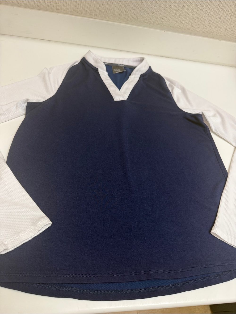 Belyn Key Blue and White V-Neck Baseball Style Top